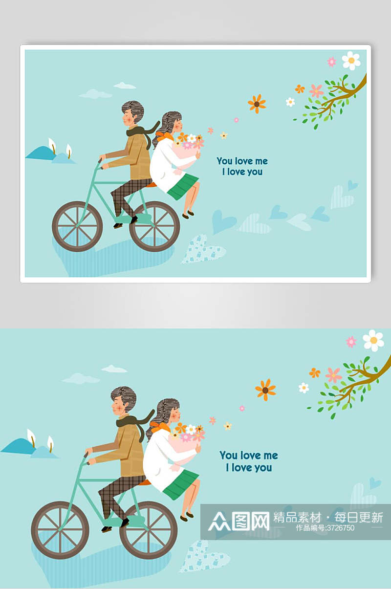 少年骑自行车带少女卡通手绘情人节插画素材