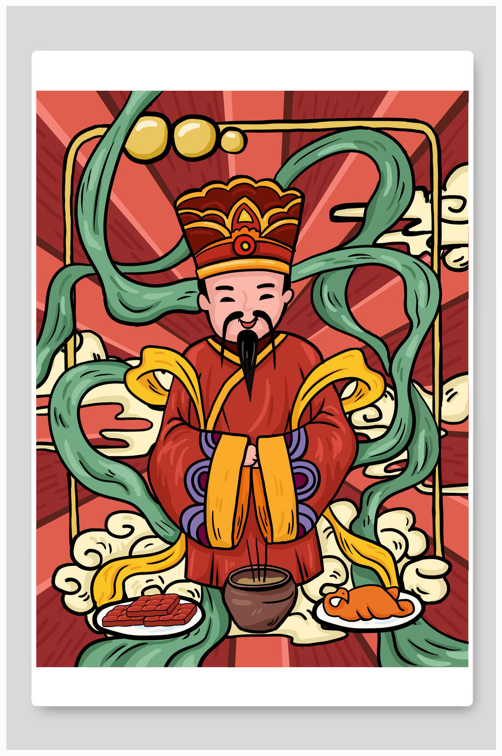 国潮财神过小年喜庆插画素材