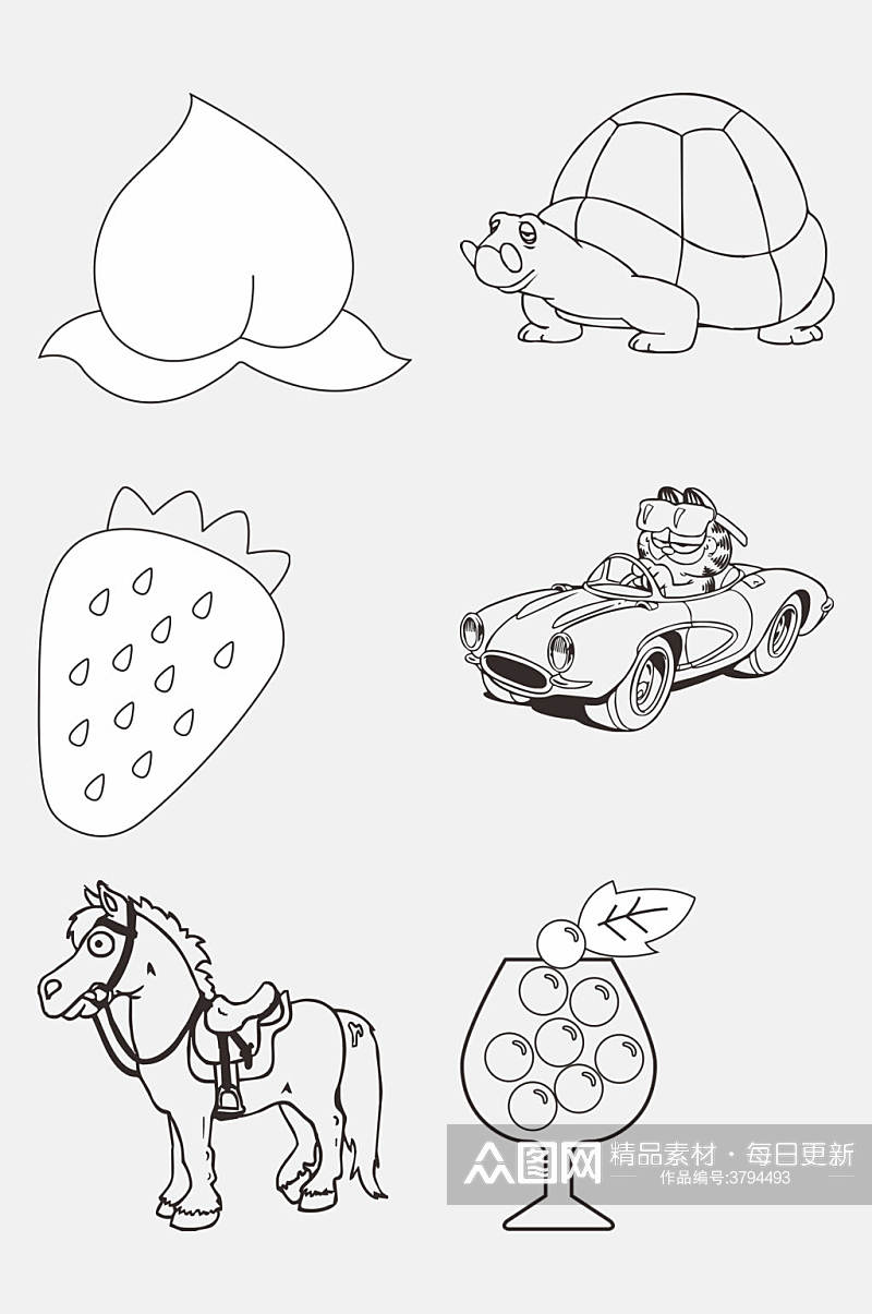 水果动物黑白线稿卡通绘画免抠素材素材