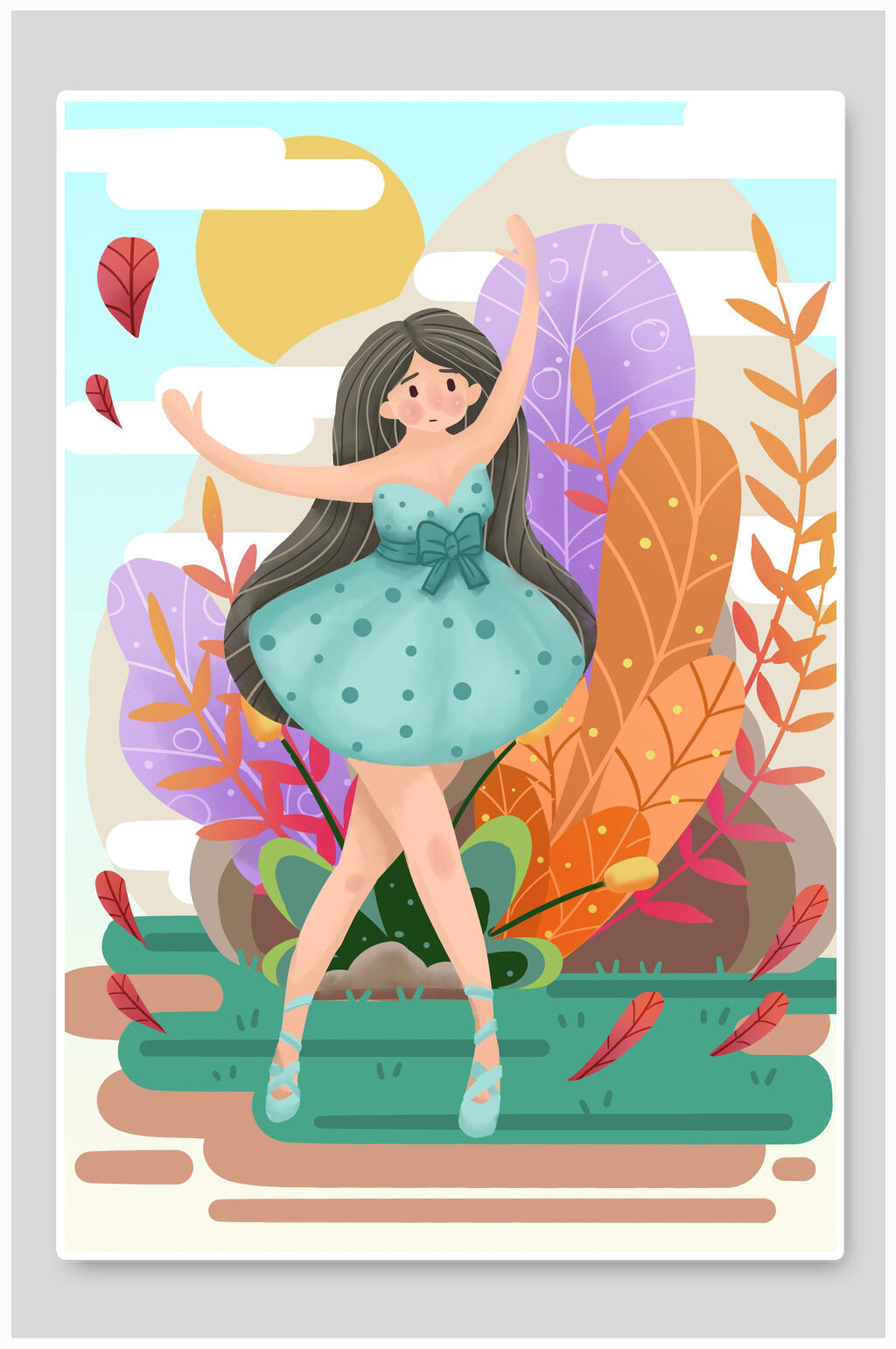 女孩跳舞青年节插画素材
