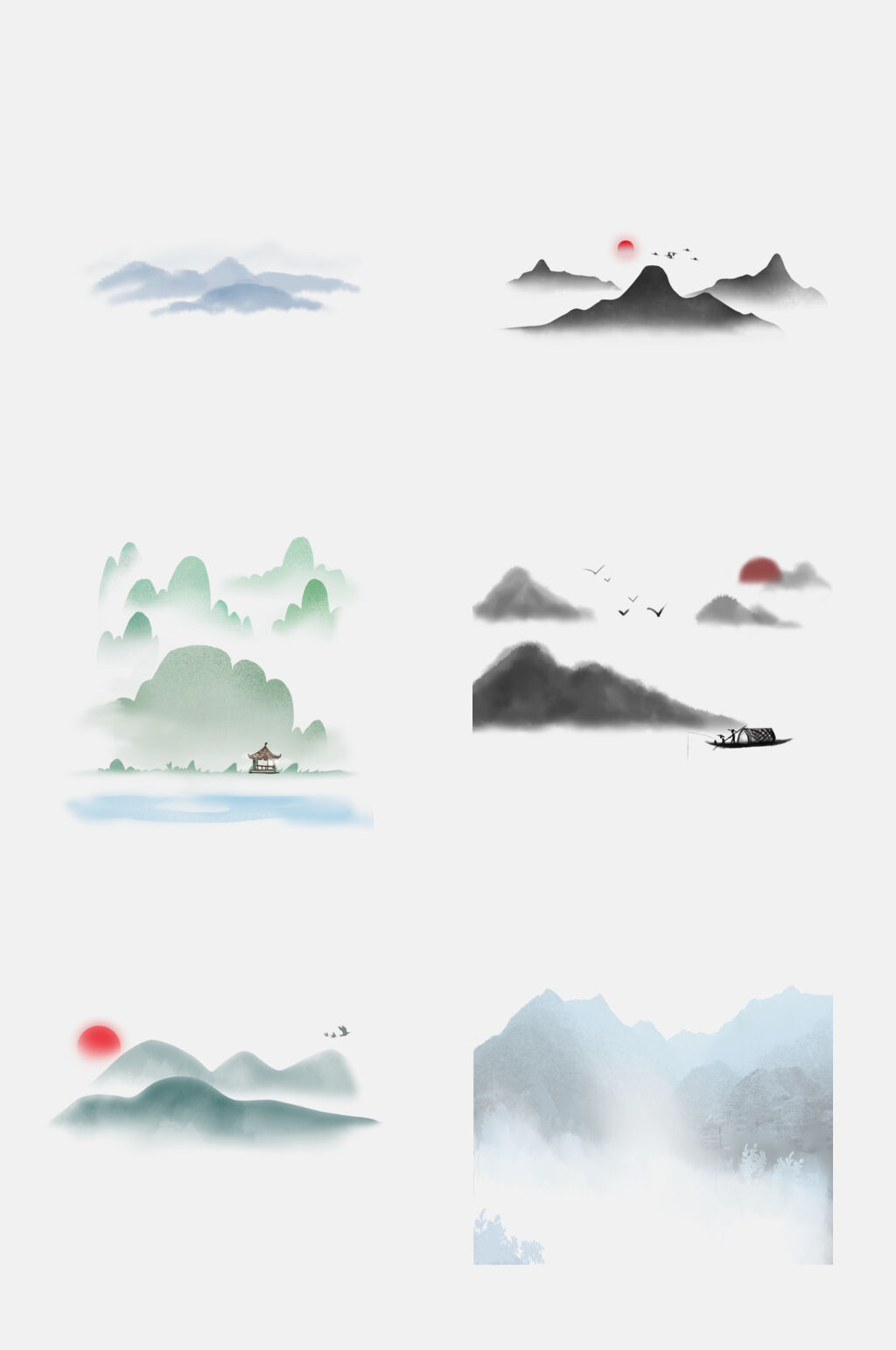 水彩唯美中国水墨山水免抠素材素材