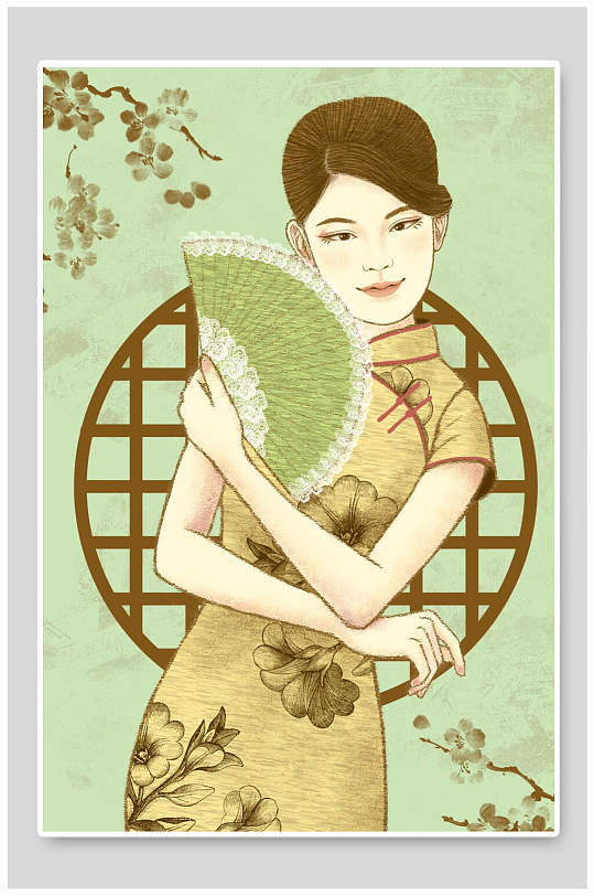 民国唯美女人穿旗袍插画
