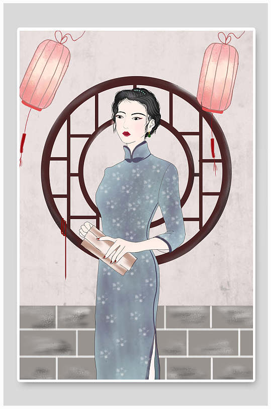 民国唯美女人穿旗袍插画