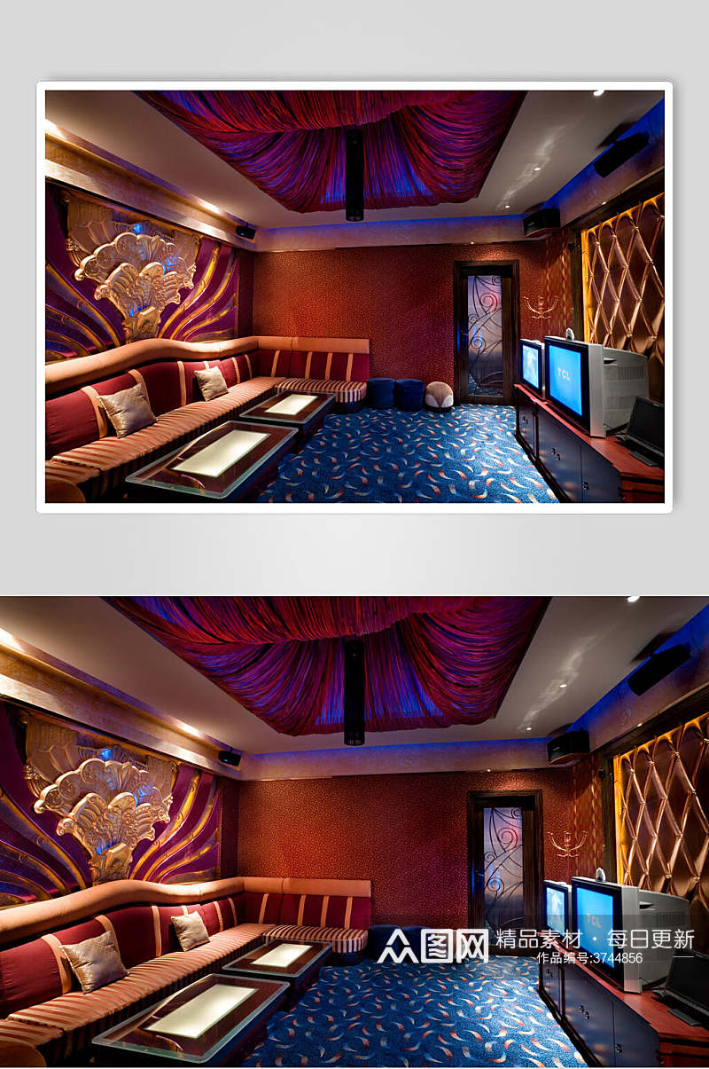沙发枕头电视机优雅蓝紫色KTV室内装修图片素材