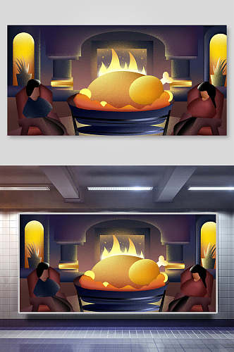 烤炉烧鸡感恩节插画