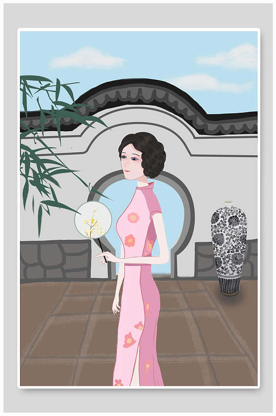 民国唯美女人穿旗袍插画