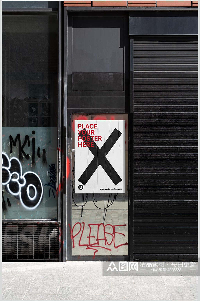 叉号黑白红色户外墙面褶皱海报样机素材