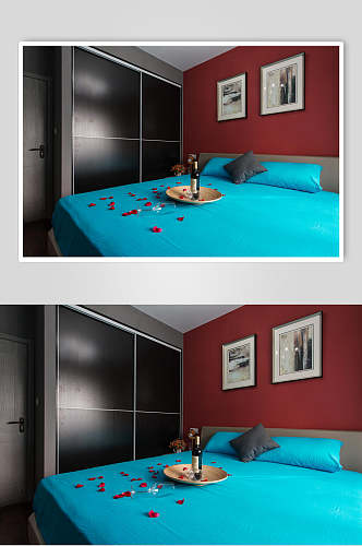 蓝色床单枕头床上铺着花瓣葡萄酒二居室家居图片