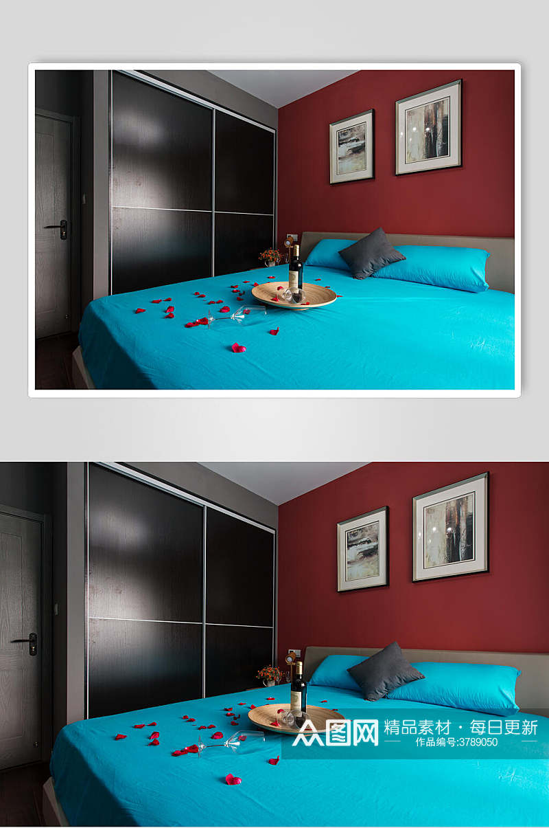 蓝色床单枕头床上铺着花瓣葡萄酒二居室家居图片素材