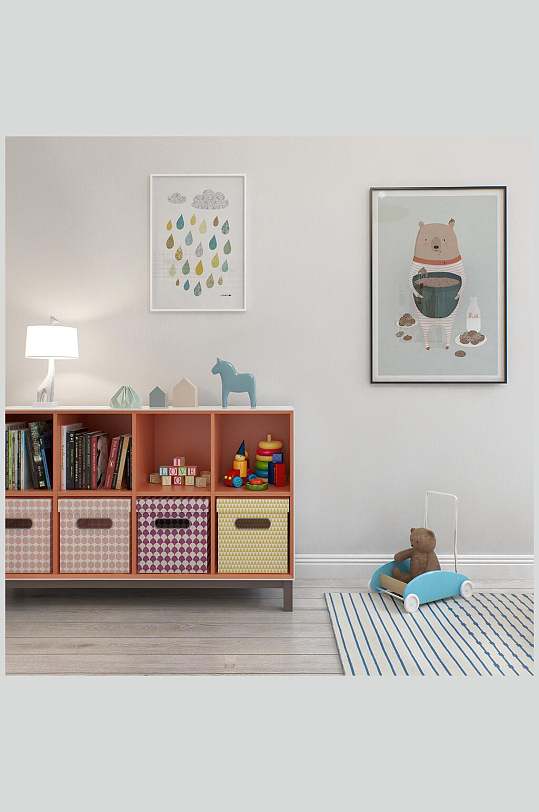 小熊玩具挂画柜子北欧风格室内图片
