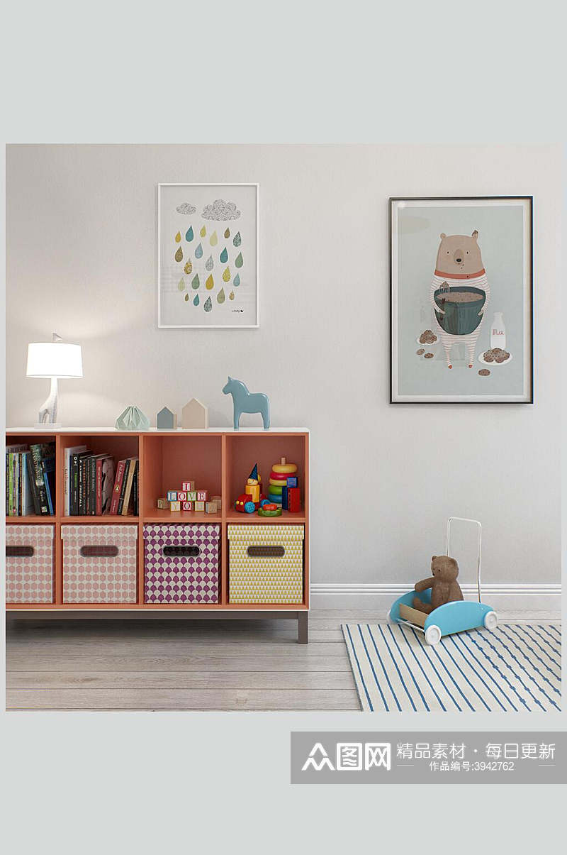 小熊玩具挂画柜子北欧风格室内图片素材