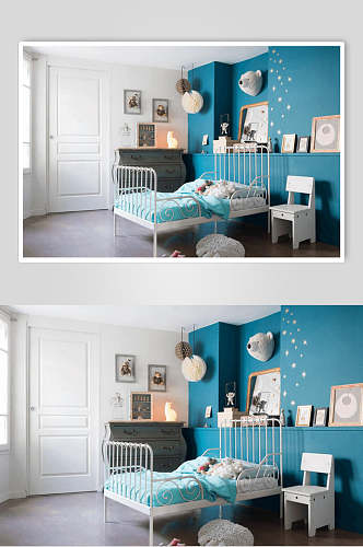 床单蓝色墙熊挂饰北欧风格室内图片