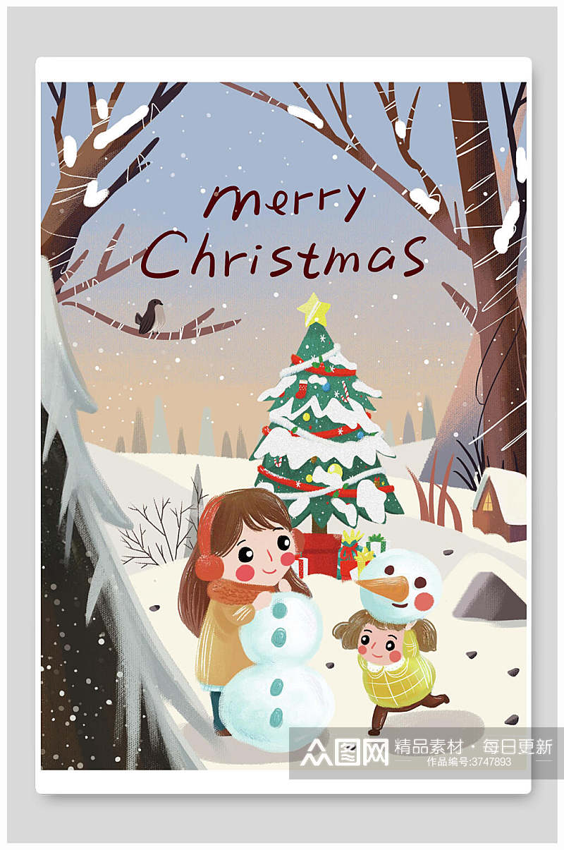 圣诞老人雪地堆雪人圣诞节插画素材