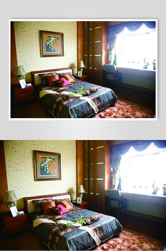 卧室床头背景蓝色系东南亚风格样板房图片