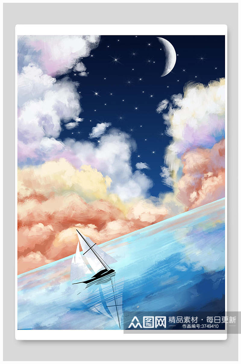 梦幻月亮湖泊帆船插画素材