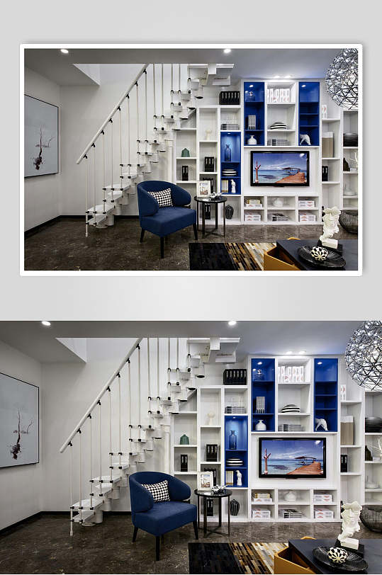 楼梯电视机沙发蓝北欧风格室内图片