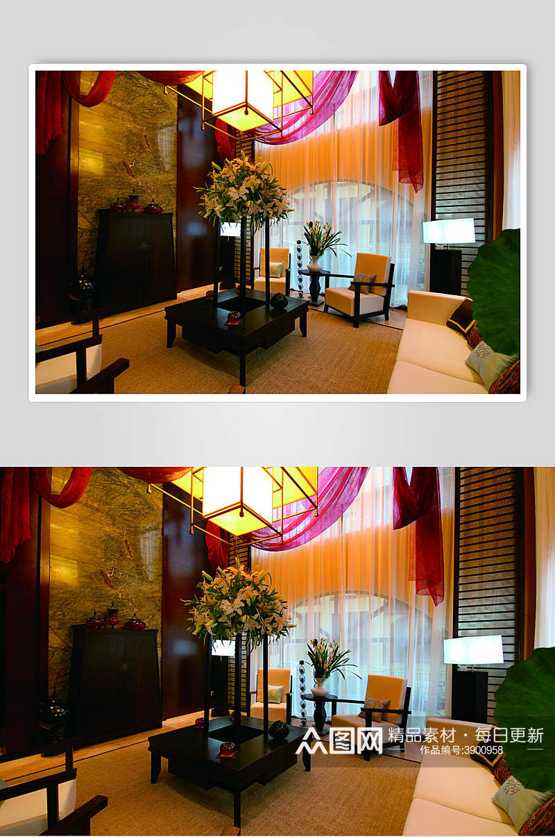 客厅中式简约深色系东南亚风格样板房图片素材