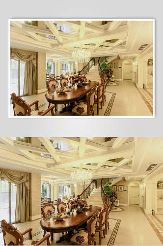 植物环形吊灯长桌椅子简约白欧式别墅图片