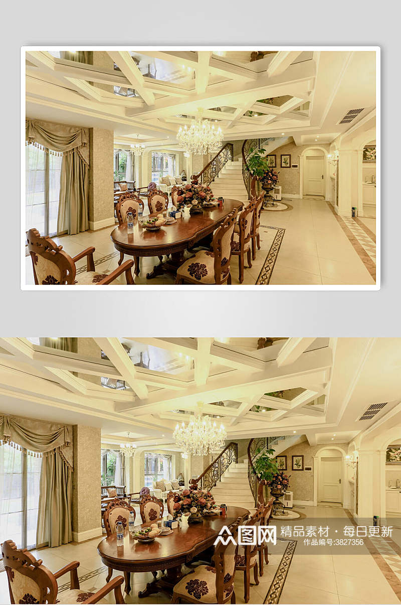 植物环形吊灯长桌椅子简约白欧式别墅图片素材