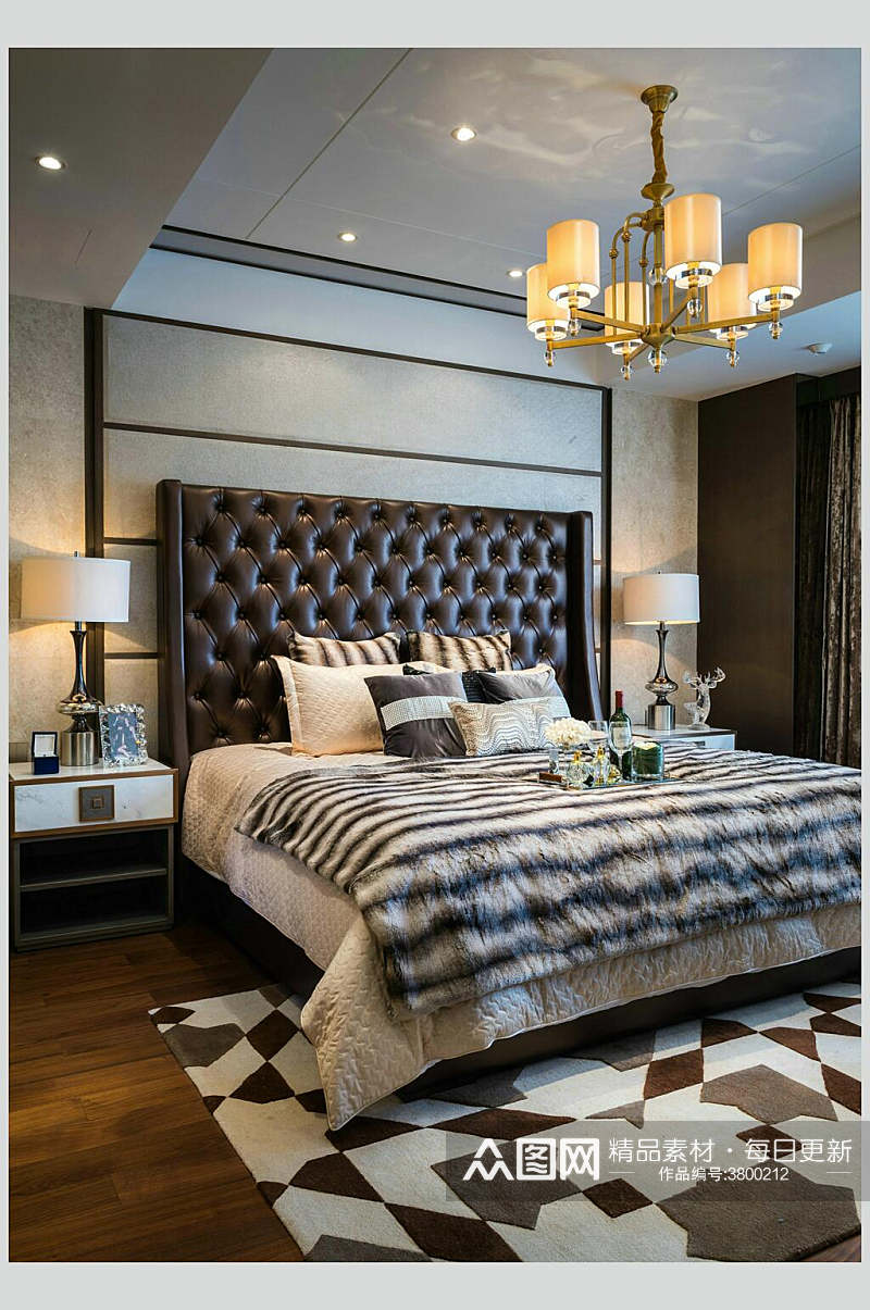 豪华高端卧室床吊灯欧式别墅图片素材