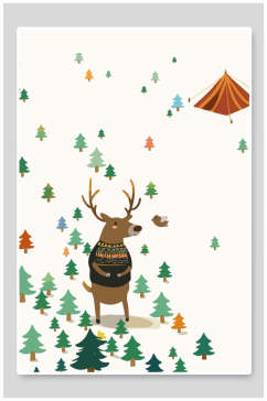 简约大气麋鹿树木卡通可爱动物插画
