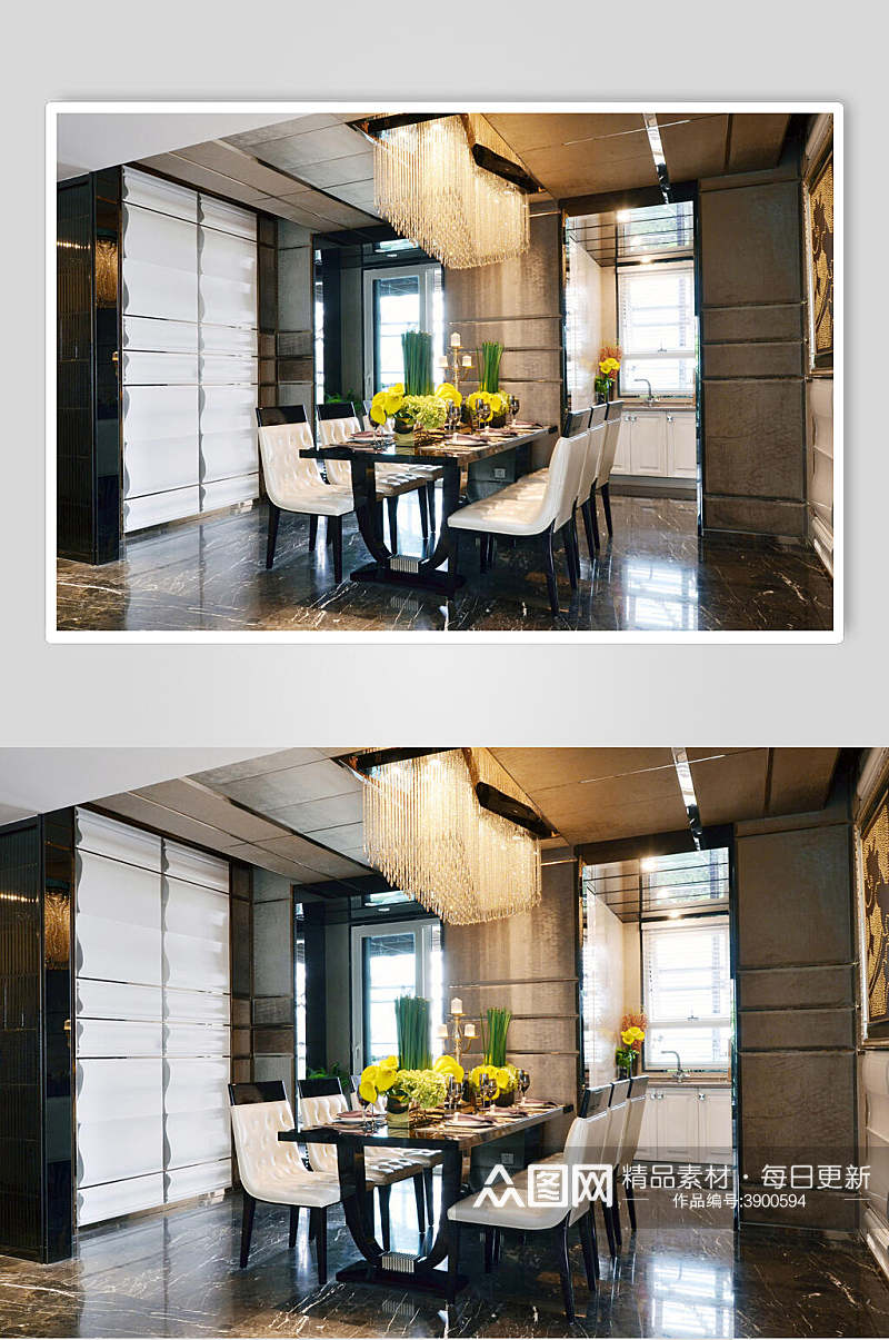 实木餐桌白色水晶灯法式别墅样板间图片素材