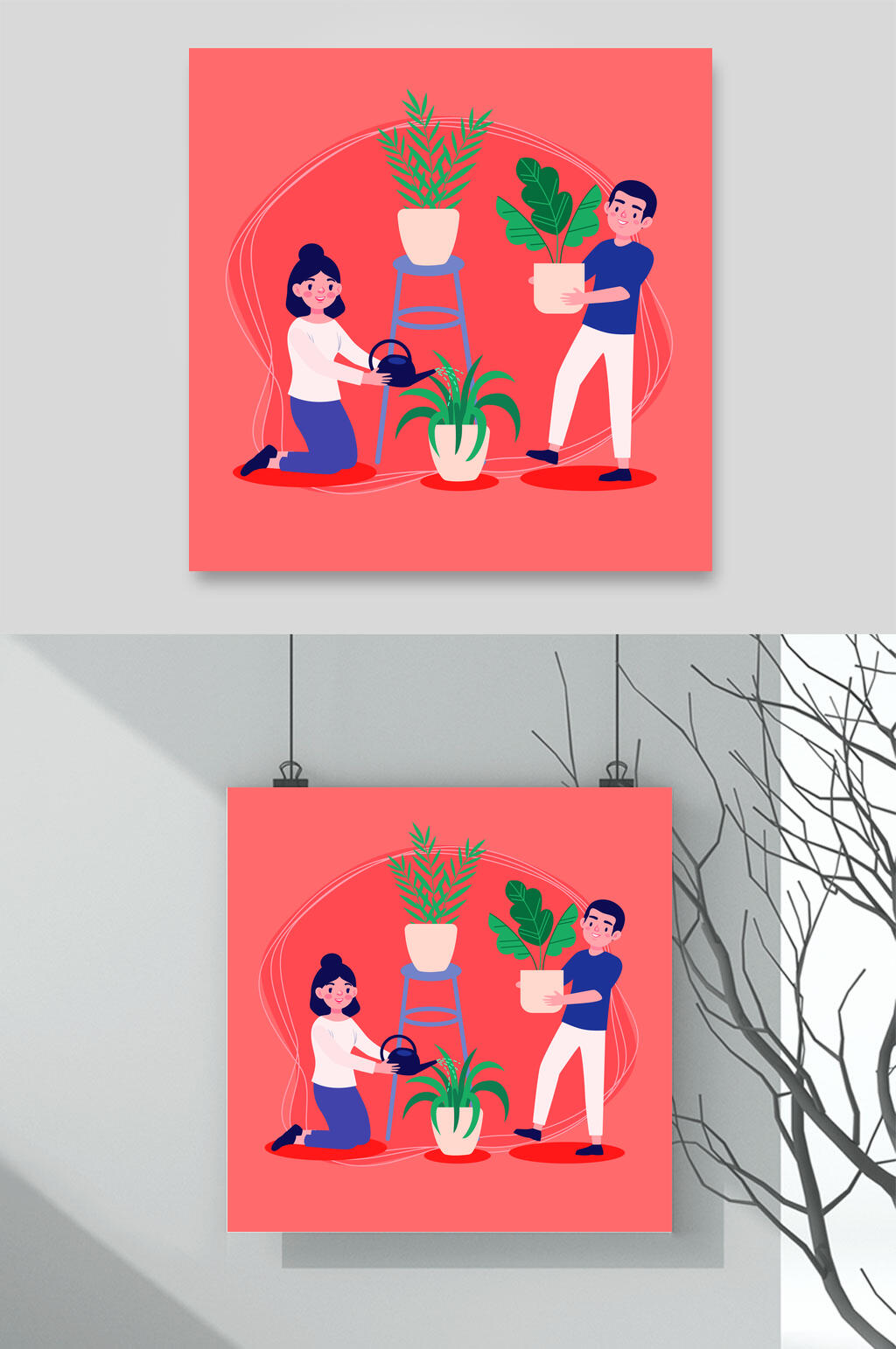 红色种植盆栽插画矢量素材素材