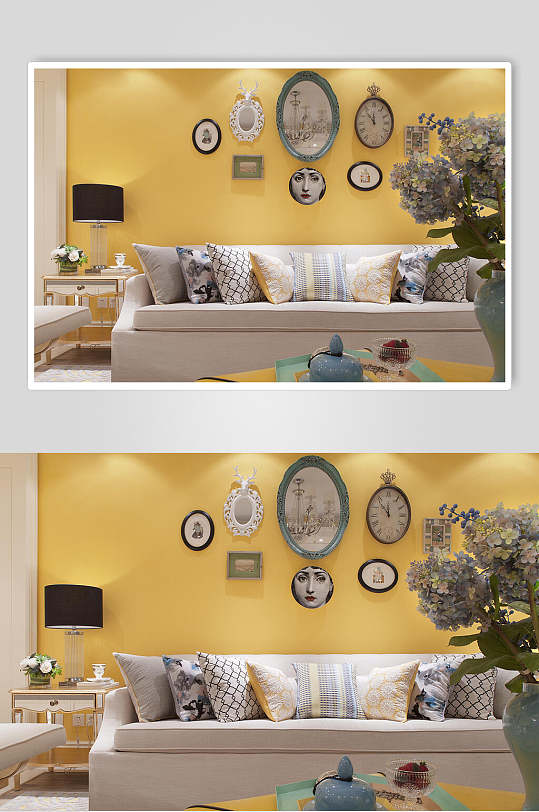 美式三居室米色沙发姜黄墙别致挂饰画册图片