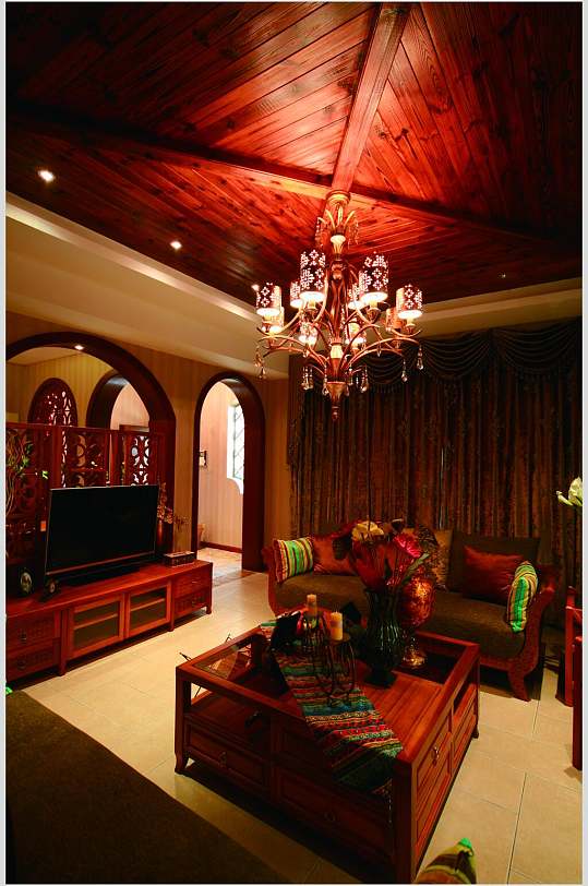 木质深色系客厅东南亚风格样板房图片