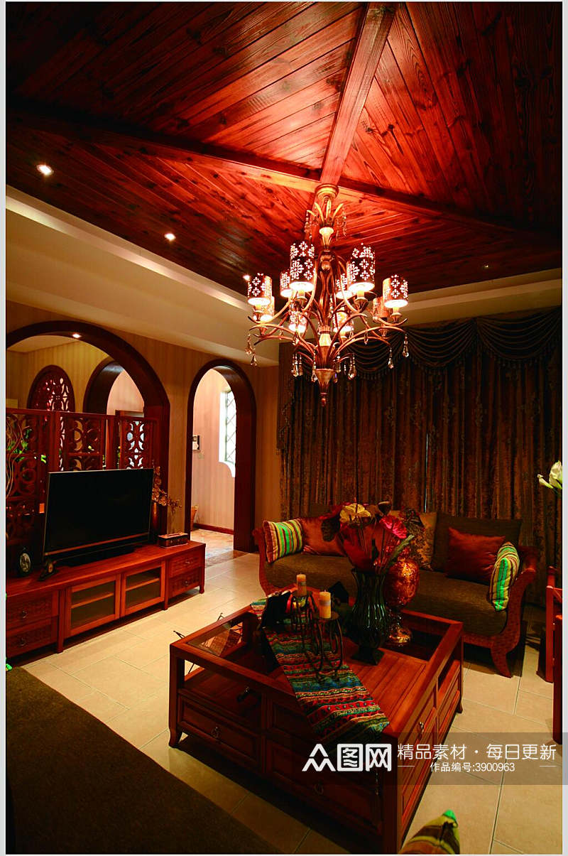 木质深色系客厅东南亚风格样板房图片素材
