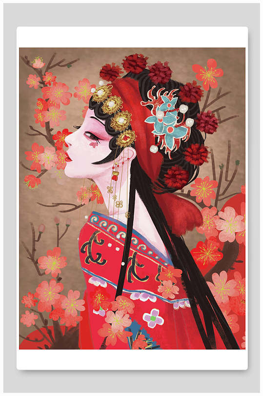 唯美大气创意京剧花朵国潮插画