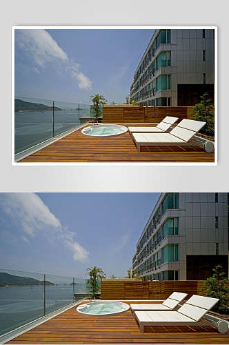 沙滩椅蓝天白云江景优雅清新欧式别墅图片