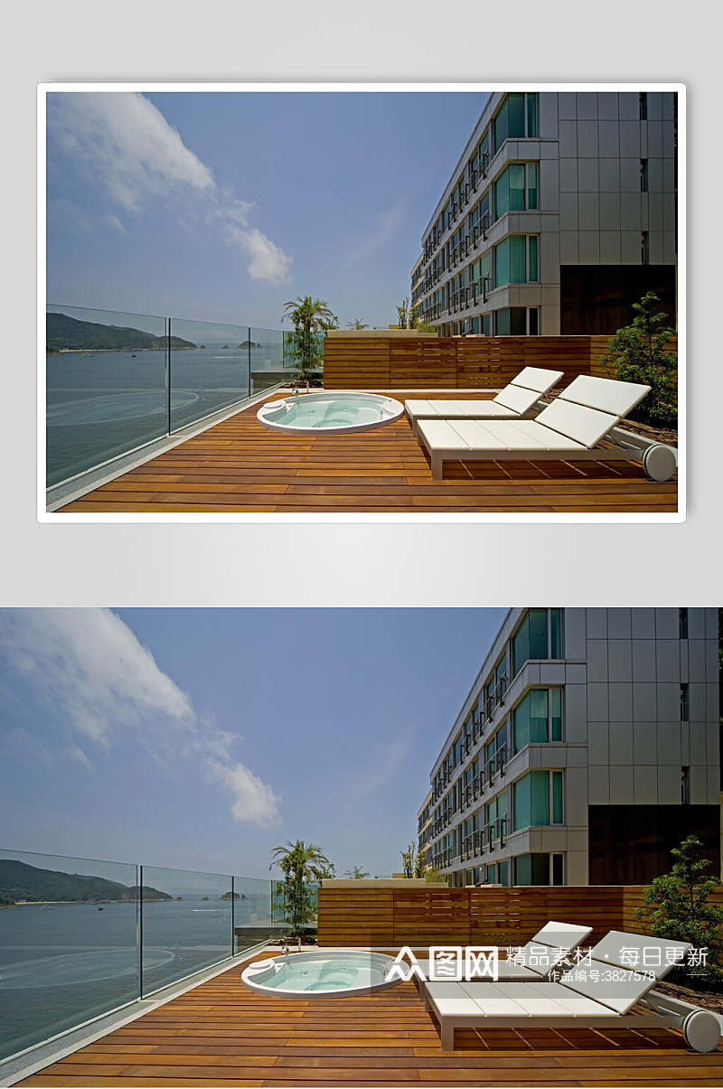 沙滩椅蓝天白云江景优雅清新欧式别墅图片素材