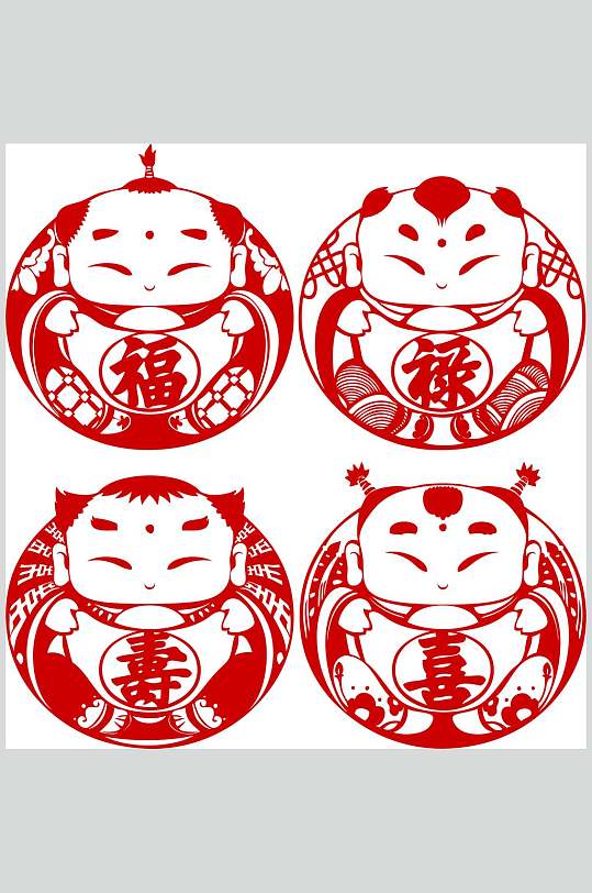 剪纸圆形红色大气创意福娃矢量素材