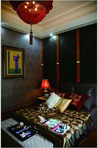 深色系壁纸卧室东南亚风格样板房图片