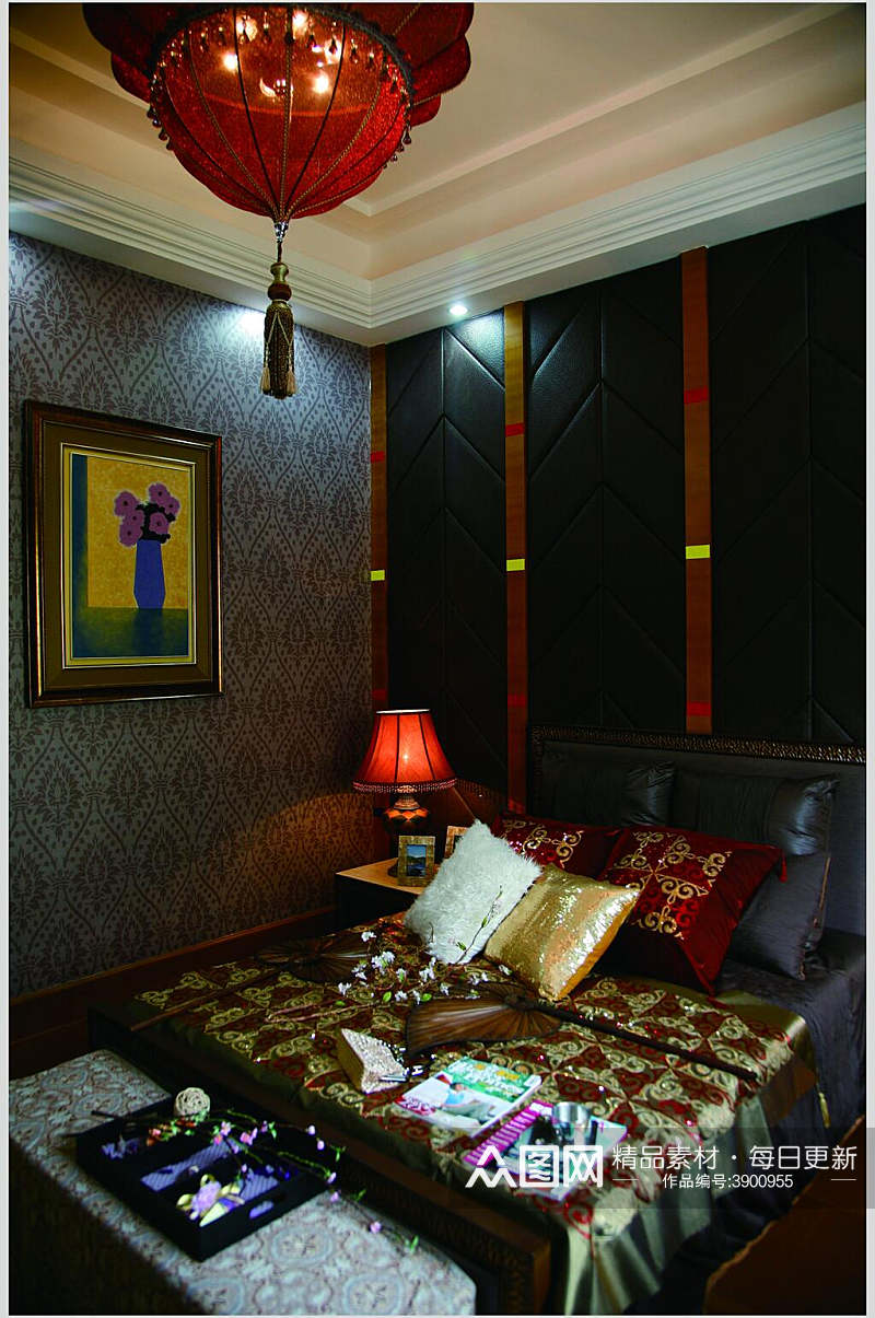 深色系壁纸卧室东南亚风格样板房图片素材