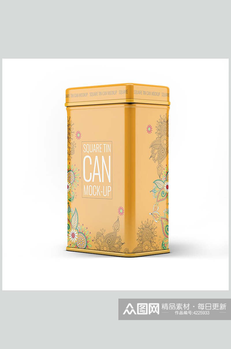 花朵方形茶叶罐食品密封罐包装样机素材