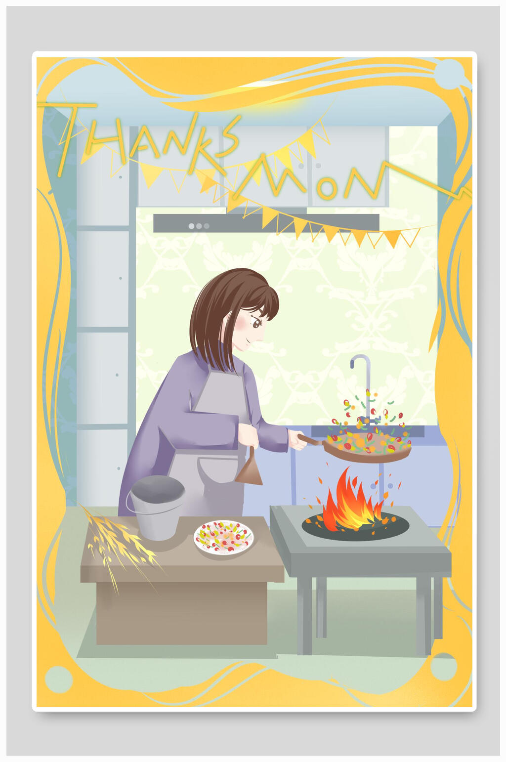 创意高端谢谢妈妈亲子感恩节插画素材