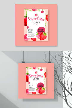粉色草莓水果卡片矢量设计素材
