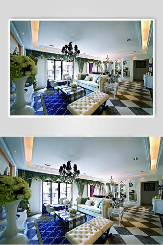 蓝色地毯白色沙发客厅法式别墅样板间图片