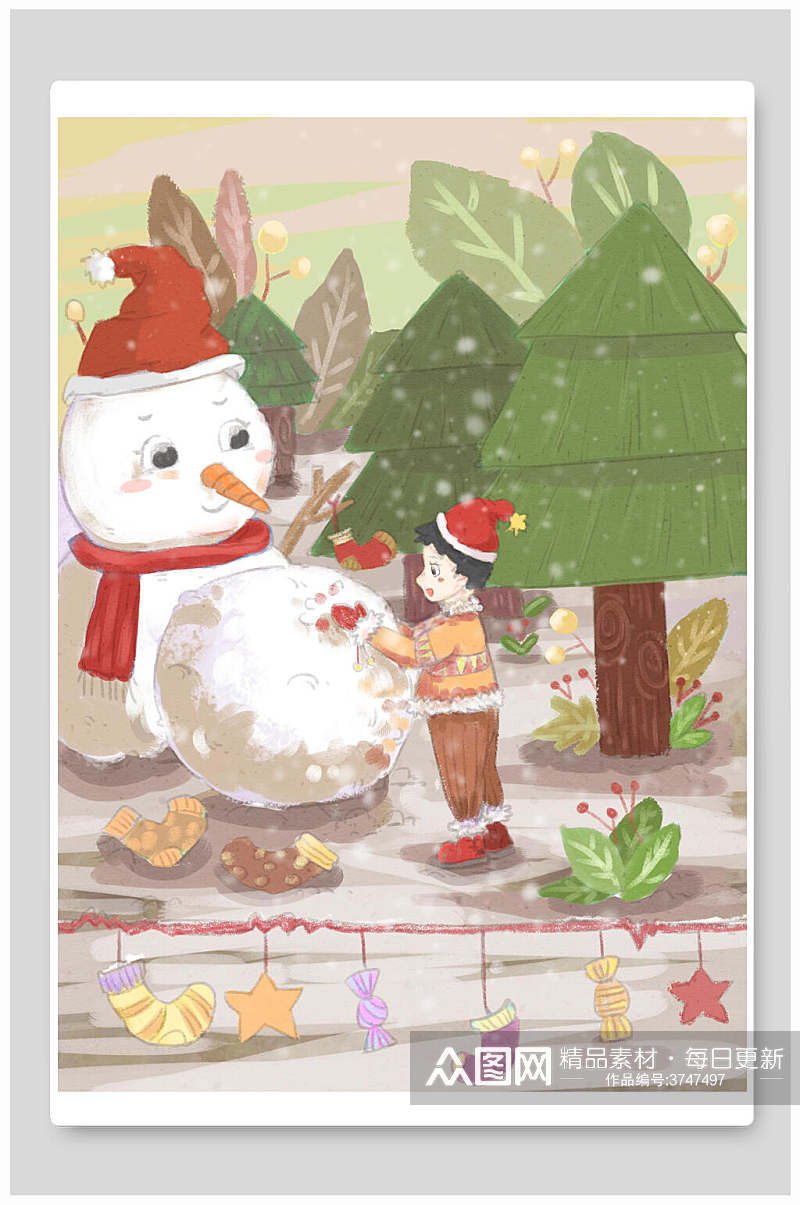 圣诞老人雪人圣诞节插画素材