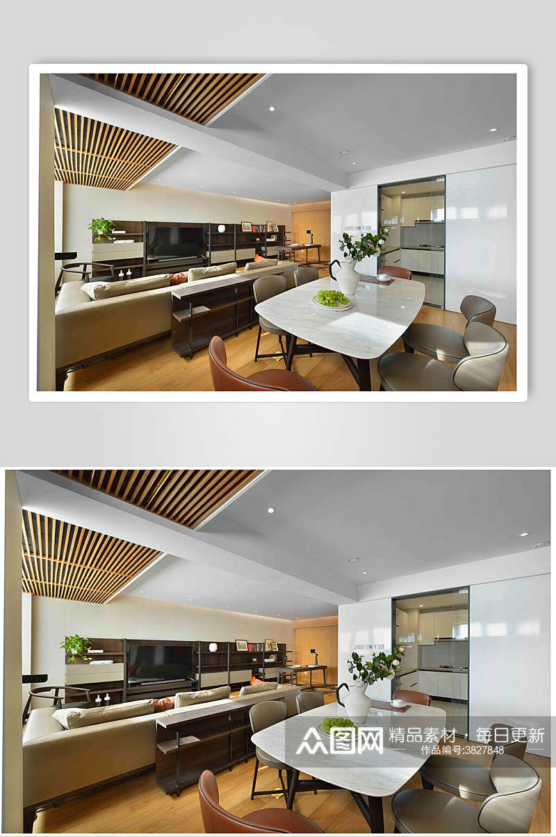 沙发餐桌盆栽简约清新黄现代二居室效果图素材