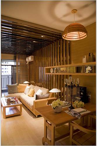 木质茶几沙发护栏米黄色现代二居室效果图