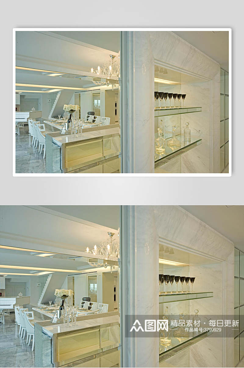 白色高端欧式吧台饭厅别墅图片素材