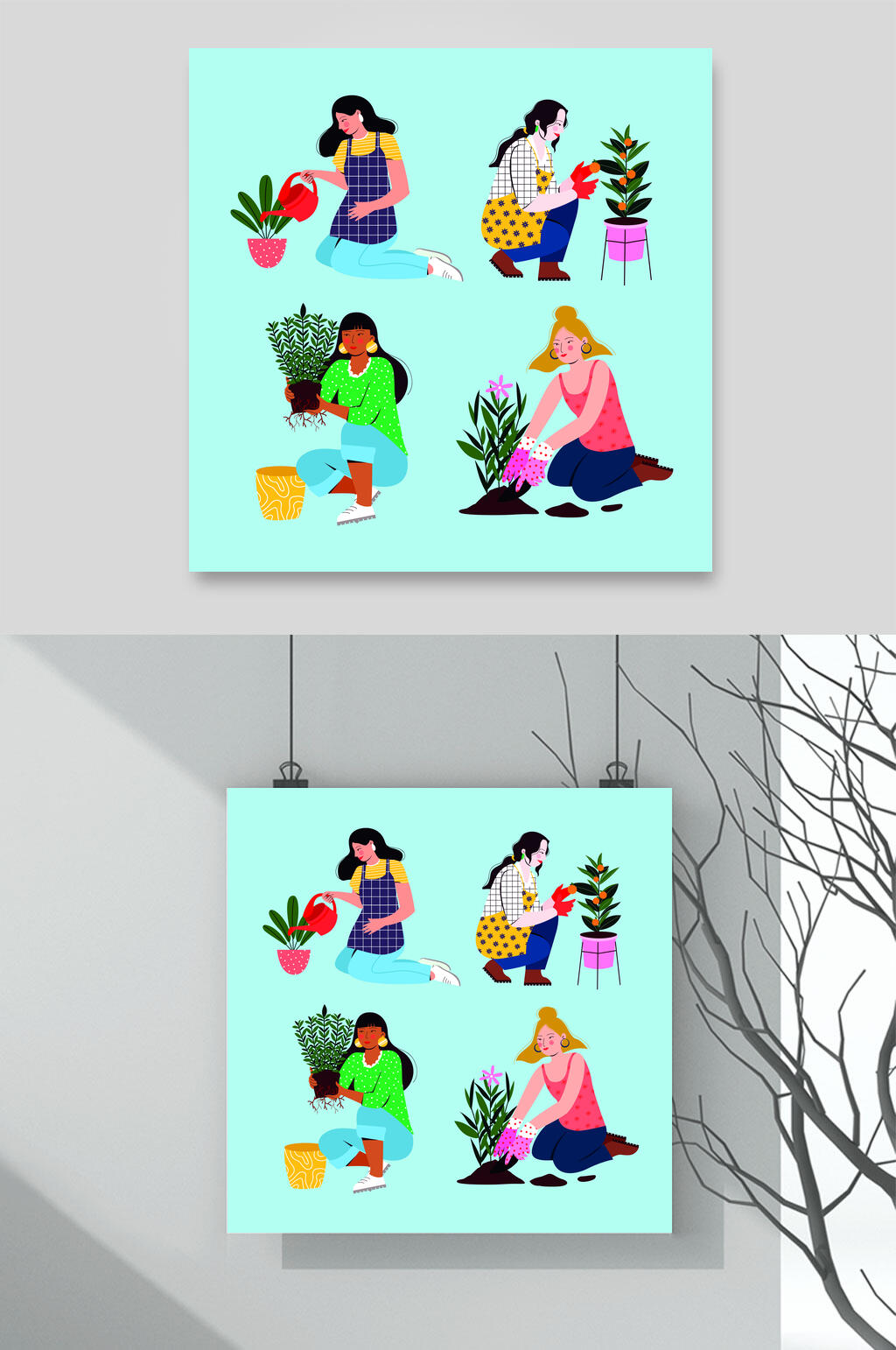 蓝色种植盆栽插画矢量素材素材