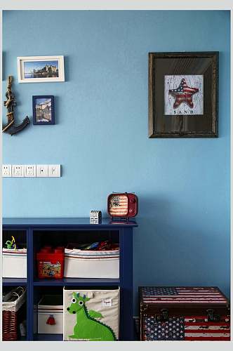 蓝色系柜子儿童房背景墙地中海田园风家装图片