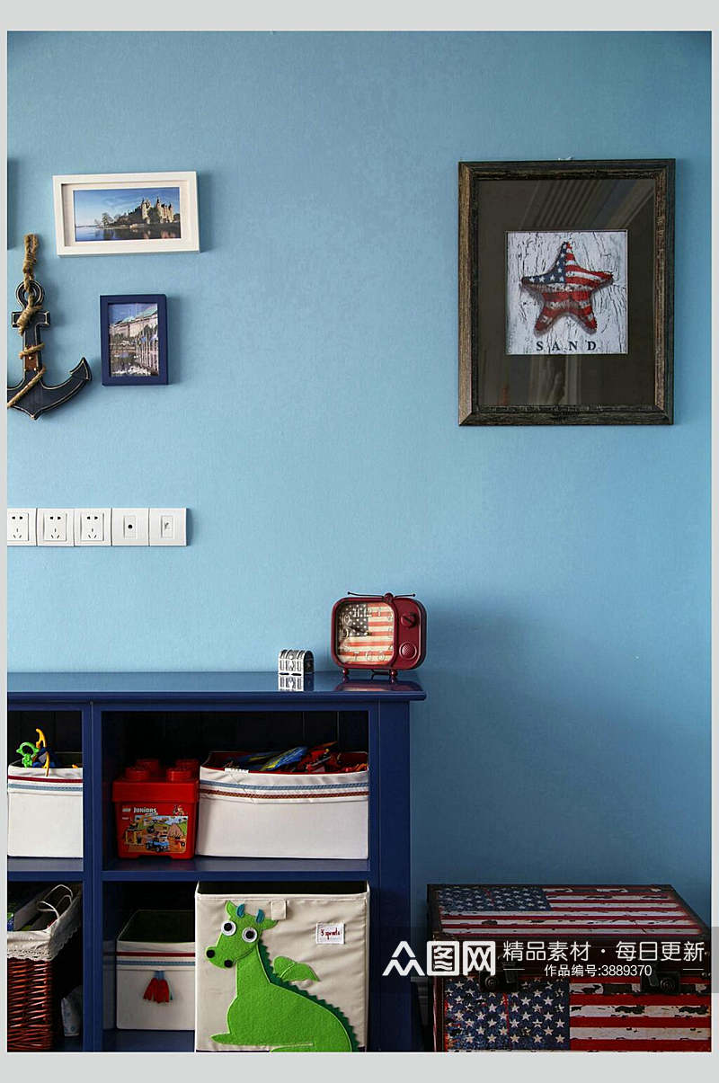 蓝色系柜子儿童房背景墙地中海田园风家装图片素材