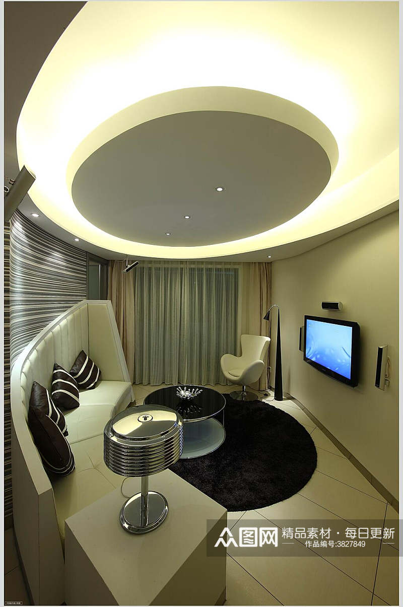 半圆形沙发电视机环形照明现代简约家居图片素材