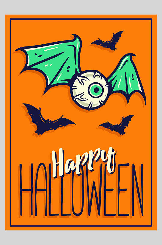 橙色英文蝙蝠眼球万圣节海报