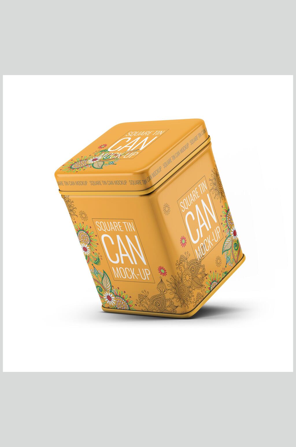 黄色铁罐方形茶叶罐食品密封罐包装样机素材